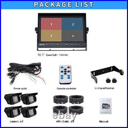 10.1 Quad Monitor Split Screen 4PIN Heavy Duty Rear View Backup Camera Truck RV