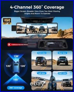 4 Channel Mirror Dash Cam, 12 Rear View Mirror Camera, Dash Cam Front and Rear