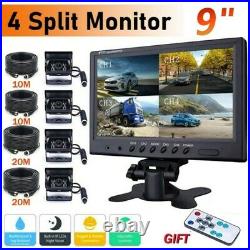 4x Front Backup Rear View Camera Kit +9 HD Quad Split Monitor For Bus Truck RV
