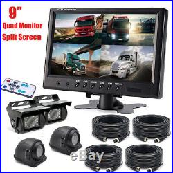9''HD QUAD Split Side+Rear View System Monitor+4PIN Camera For Truck Caravan RV
