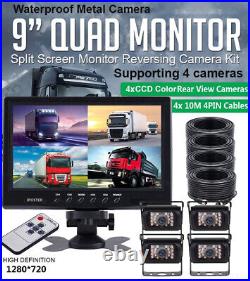 9 Rear Back Up Camera System For Bus Truck Rv Ag Quad Split Monitor Screen Kit