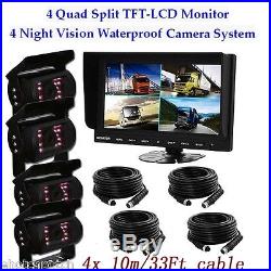 9 Split Quad Car Rear View Monitor + 4x 4Pin Backup CCD Camera 33Ft For Truck