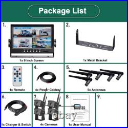 Digital Wireless 9'' Quad Monitor DVR 4x 1080P Rear View Camera Truck Trailer RV