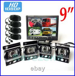HD 1080P 4CH 9 Monitor Bus Truck Tractor Backup SYSTEM 4x Rear View Camera Kit