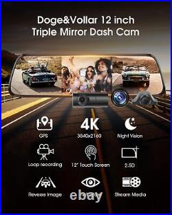 Mirror Dash Cam, 4K Rear View Mirror Camera, 12'' Front and Rear Inside 3 Cha