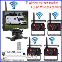 Quad Rear View Camera + 7 Wireless Backup Monitor For RV Truck Bus Semi-Trailer