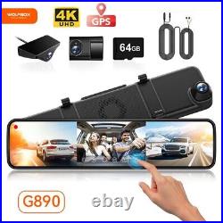 WOLFBOX 4K UHD Car DVR Rearview Mirror 3 Channel Cameras Touch Screen DashCam