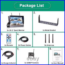 Wireless 10.1 DVR 4 Split Monitor 1080P Rear View Camera for Truck RV Trailer
